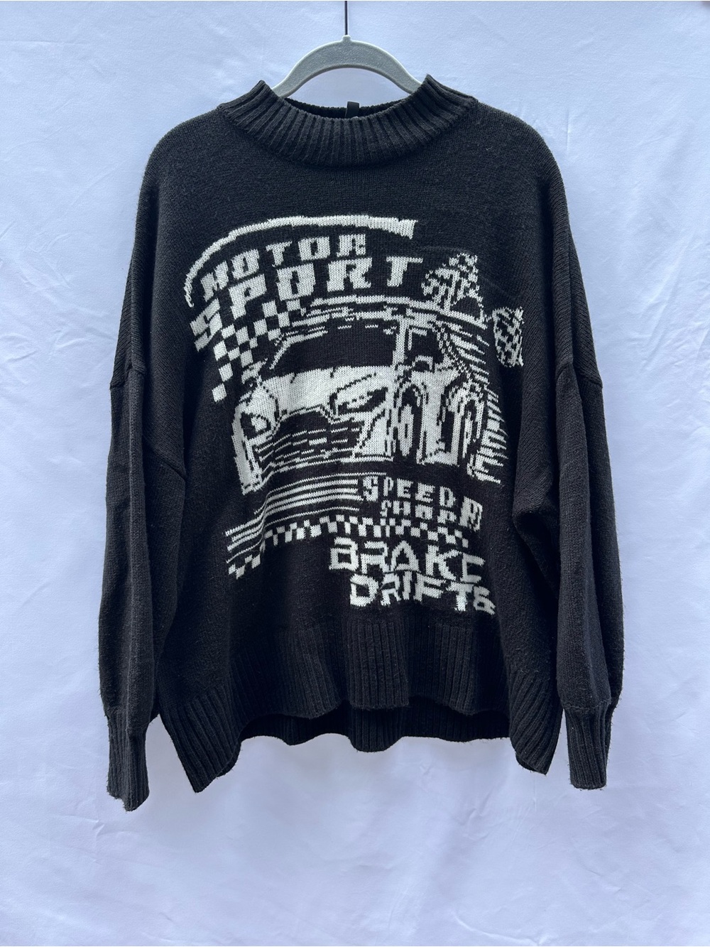 H&M Black Graphic Motor Sport Crewneck Sweater